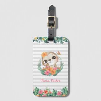 Etiqueta Para Maletas Fronteras tropicales Hibiscus Flowers Sloth Person
