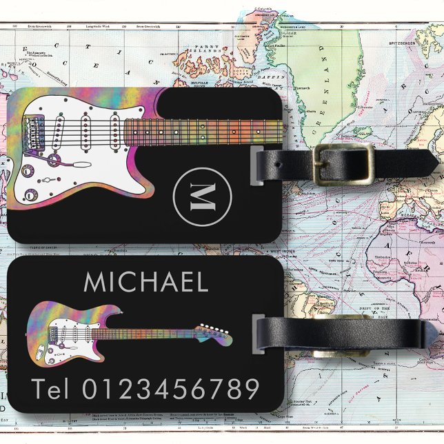Etiqueta Para Maletas Funky Psychedelic Electric Guitar personalizada (Colorful electric guitar custom monogram travel tag)