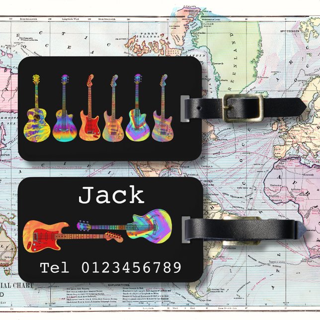 Etiqueta Para Maletas Funky Psychedelic Guitar Pop Art Music Instrumento (Funky guitar pattern on black personalized travel luggage tag   guitarists music teachers musicians)