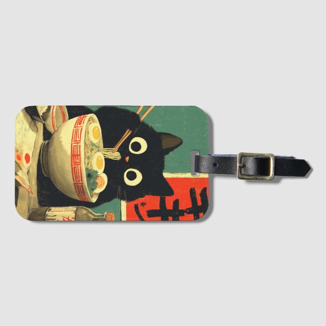 Etiqueta Para Maletas Funny Black Cat Eating Ramen (Anverso horizontal)