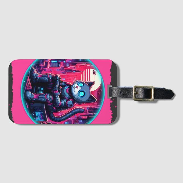 Etiqueta Para Maletas Futurista Feline Tech (Anverso horizontal)