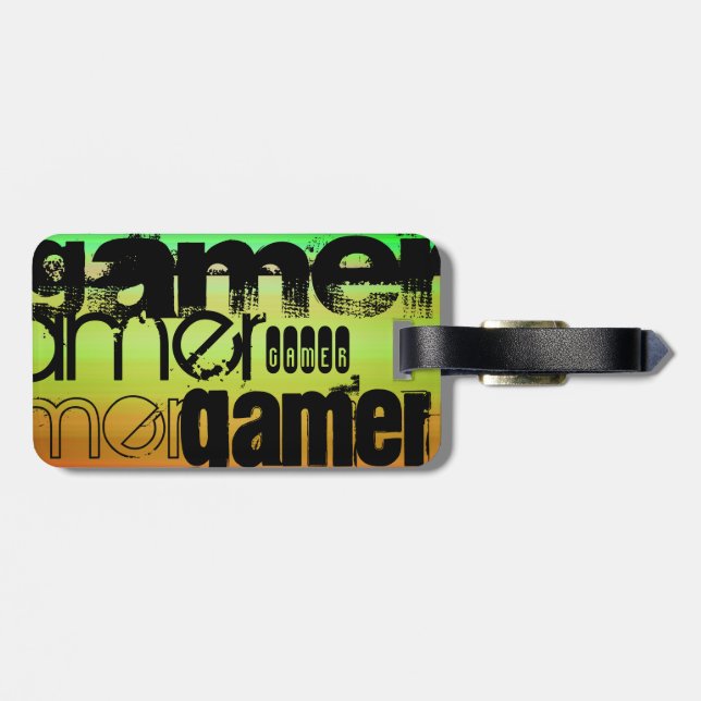 Etiqueta Para Maletas Gamer; verde vibrante, Naranja y amarillo (Atrás Horizontal)