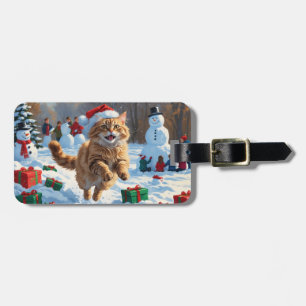 Etiqueta Para Maletas Gato Angora Turco Corriendo en Sombrero de Navidad