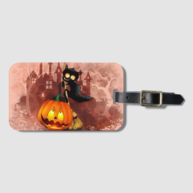 Etiqueta Para Maletas Gato asustado por un personaje de Halloween divert (Anverso horizontal)