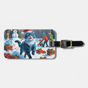 Etiqueta Para Maletas Gato Azul Oriental Sentado en Sombrero de Navidad