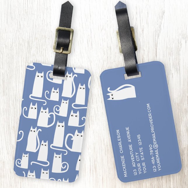 Etiqueta Para Maletas Gato blanco divertido en azul (White cat on sky blue personalized luggage tag for animal lovers)
