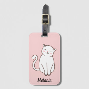 Etiqueta Para Maletas Gato blanco lindo Kawaii sonriente Rosa personaliz
