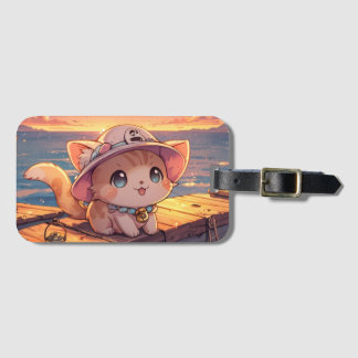 Etiqueta Para Maletas Gato Chibi Adorable en el Puerto al Atardecer – Ca