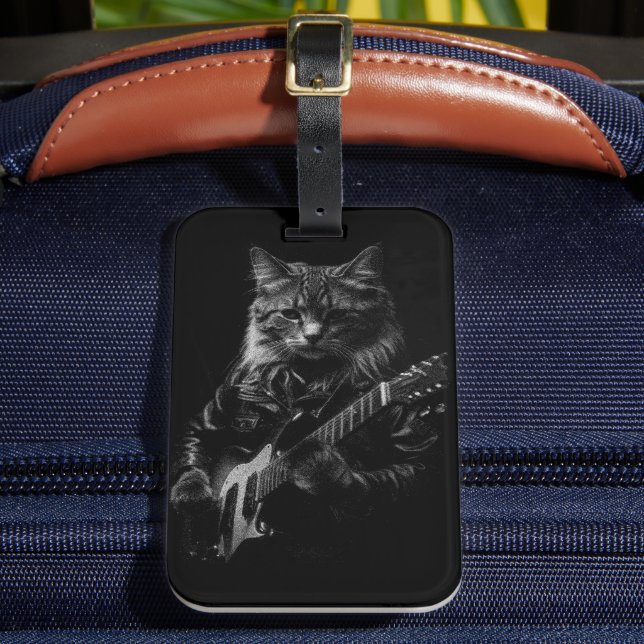 Etiqueta Para Maletas Gato con chaqueta de cuero tocando guitarra eléctr (Anverso In situ 2)