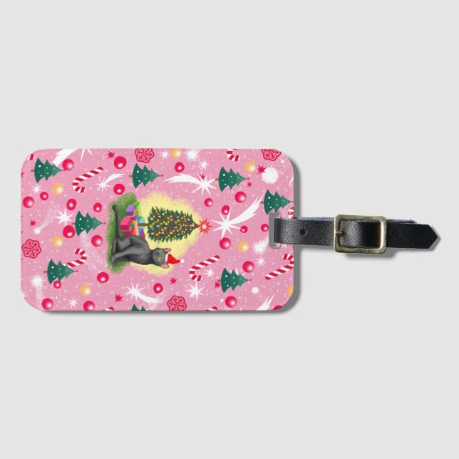 Etiqueta Para Maletas Gato de Navidades rosados (Anverso horizontal)