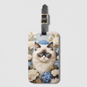 Etiqueta Para Maletas Gato De Ragdoll Con Flores De Hidrangea Azul