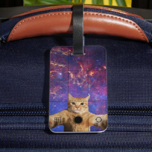 Etiqueta Para Maletas Gato de Tabby rojo se toma un selfie en el espacio