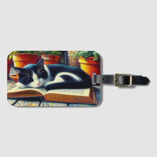 Etiqueta Para Maletas Gato de Tuxedo durmiendo en la pintura de un jardí