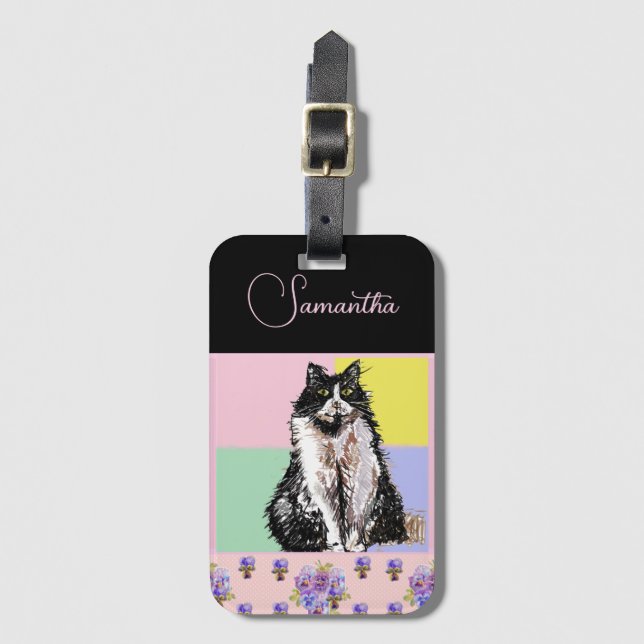 Etiqueta Para Maletas Gato de Tuxedo Gatos Pastel Personalizable Chicas  (Anverso vertical)