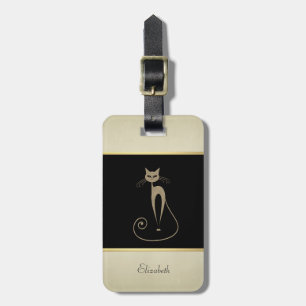 Etiqueta Para Maletas Gato elegante moderno, negro, crema, Purpurinoso