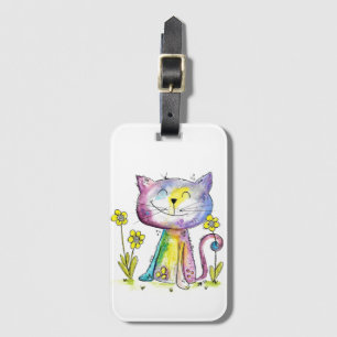 Etiqueta Para Maletas Gato feliz y caprichoso con flor amarilla