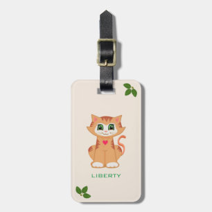 Etiqueta Para Maletas Gato Gatito Adorable & Hojas de Laurel