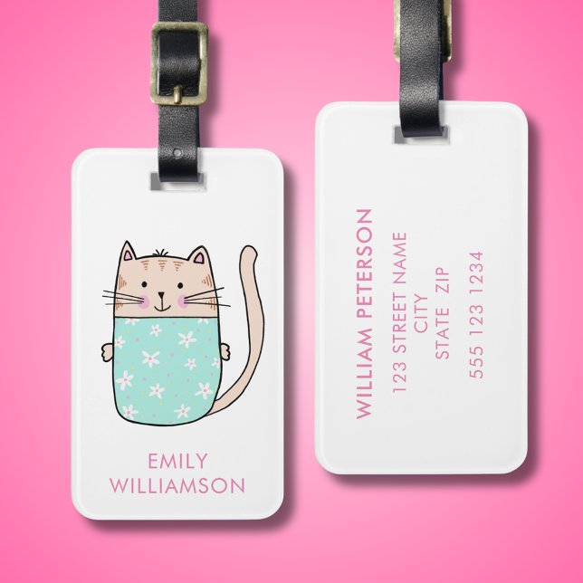 Etiqueta Para Maletas Gato gatito personalizado (Cute cat illustrated and personalized luggage tag.)