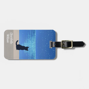 Etiqueta Para Maletas Gato negro bajo la noche estrellada de luna llena