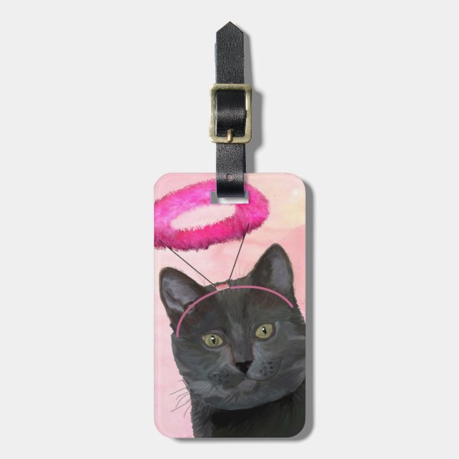 Etiqueta Para Maletas Gato negro con Angel Halo rosa (Frente Vertical)