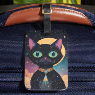 Etiqueta Para Maletas Gato negro cósmico futurista atómico en luz de lun