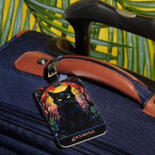 Etiqueta Para Maletas Gato negro de vidrio manchado rojo espeluznante