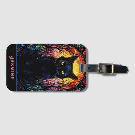 Etiqueta Para Maletas Gato negro de vidrio manchado rojo espeluznante