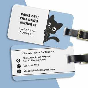 Etiqueta Para Maletas Gato Negro Divertido y Lindo Espiando Azul y Blanc