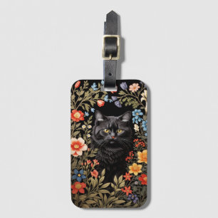 Etiqueta Para Maletas Gato Negro Elegante Floral Colorido