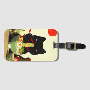 Etiqueta Para Maletas Gato negro feliz comiendo Ramen Ukiyo-e japonés