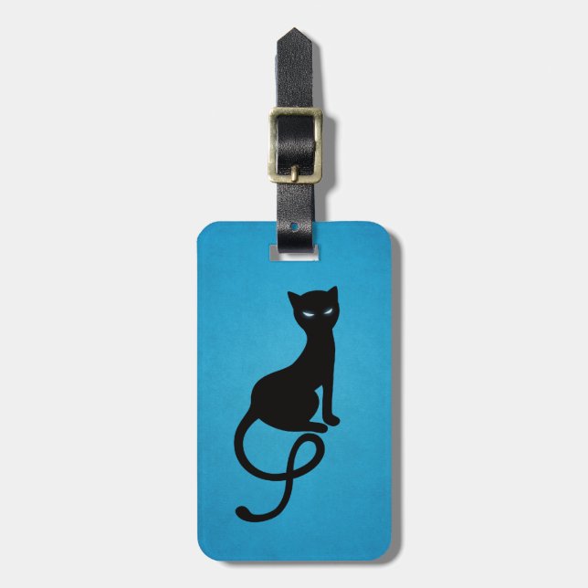 Etiqueta Para Maletas Gato negro malvado gracioso azul personalizado (Frente Vertical)