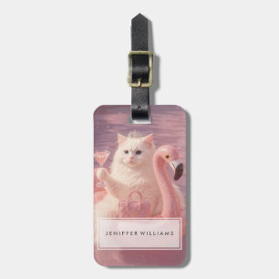 Etiqueta Para Maletas Gato Princesa de Lujo en Flotador de Flamenco Rosa