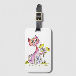 Etiqueta Para Maletas Gato rosa delicioso lindo con flores amarillas