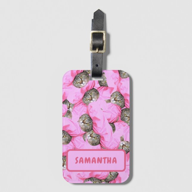 Etiqueta Para Maletas Gato rosa divertido personalizado (Anverso vertical)