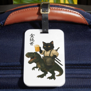 Etiqueta Para Maletas Gato Samurái con Cerveza & T-Rex Arte Japonés Re