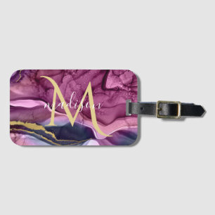 Etiqueta Para Maletas Geoda de Ágata Morado Rosa y Dorado con Monograma