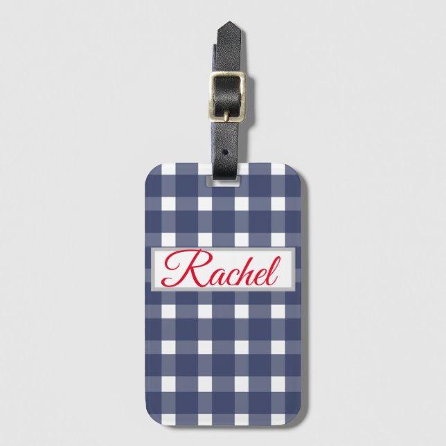 Etiqueta Para Maletas Gingham blanco azul personalizado (Anverso vertical)