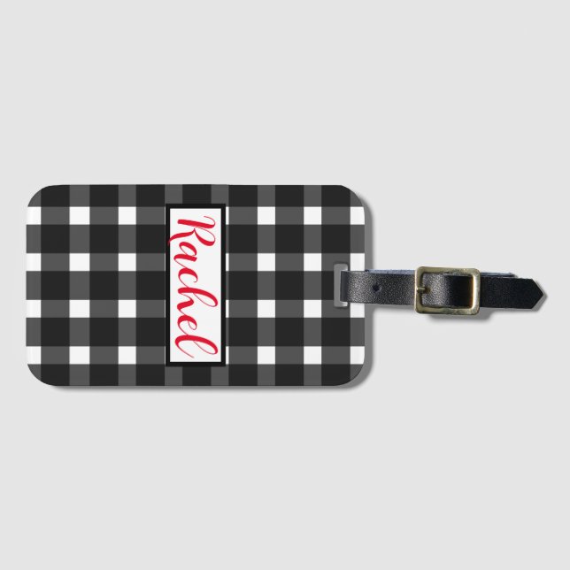 Etiqueta Para Maletas Gingham blanco negro personalizada (Anverso horizontal)