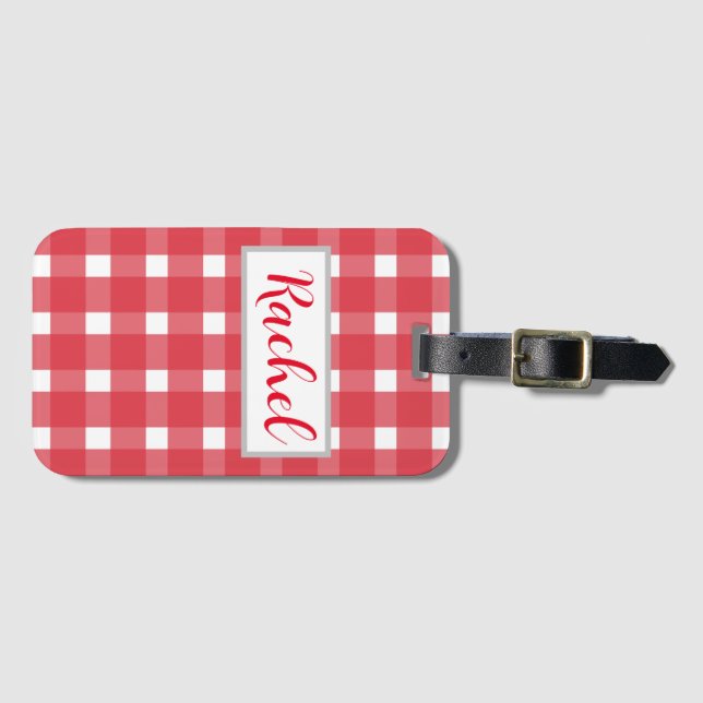 Etiqueta Para Maletas Gingham blanco rojo personalizado (Anverso horizontal)