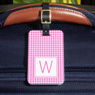 Etiqueta Para Maletas Gingham Plaid Monograma rosa y blanco