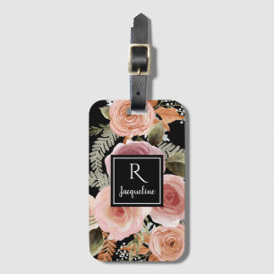 Etiqueta Para Maletas Girly Black BOHO Watercolor Floral Greeneration Na