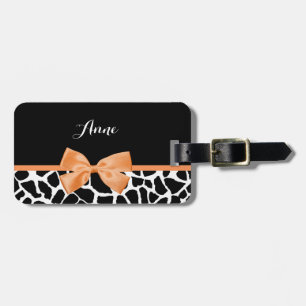 Etiqueta Para Maletas Girly Giraffe Print Naranja Ribbon Bow Con Nombre