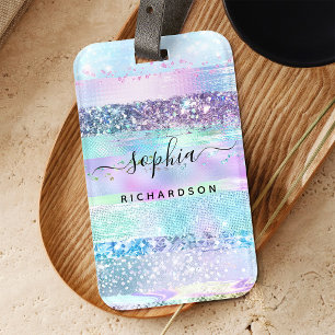 Etiqueta Para Maletas Girly Purpurina Faux Holographic   Púrpura azul ro
