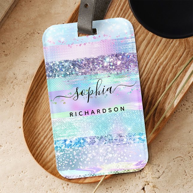 Etiqueta Para Maletas Girly Purpurina Faux Holographic | Púrpura azul ro (A glam, faux holographic look luggage tag)