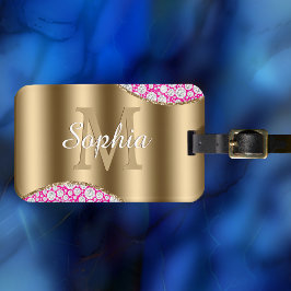 Etiqueta Para Maletas Glam Diamonds Fuchsia, Monograma de oro, Nombre de