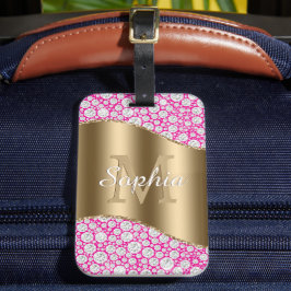 Etiqueta Para Maletas Glam Diamonds Fuchsia, Monograma de oro, Nombre de