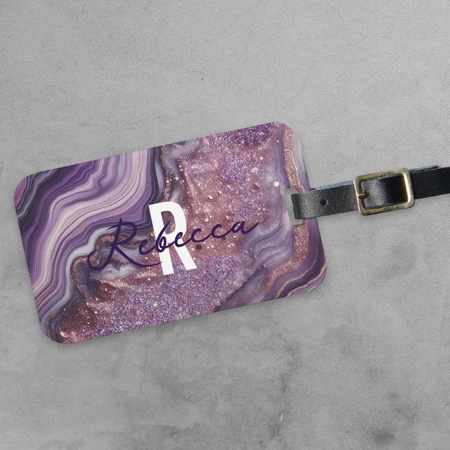 Etiqueta Para Maletas Glam Moda Elegante Purpurina púrpura Agate Marble (Subido por el creador)