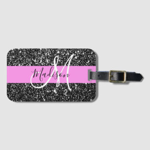 Etiqueta Para Maletas Glam Moda Purpurina negro rosa Nombre de parrilla 