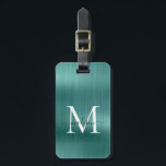 Etiqueta Para Maletas Glam Monograma de escritura Metalizado cepillado v<br><div class="desc">Moderno Aqua Verde azulado Verde Cepillado Metalizado Script Monograma Cute Etiqueta De Bolsa</div>