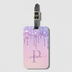 Etiqueta Para Maletas Glam Morado Glitter Drips Elegante Monograma  Equi
